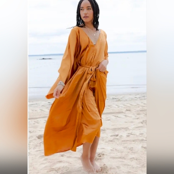 Anthropologie Satin Kaftan Tie Front Maxi Dress OS Adjustabe In Bronze NWT$200 - Picture 9 of 13